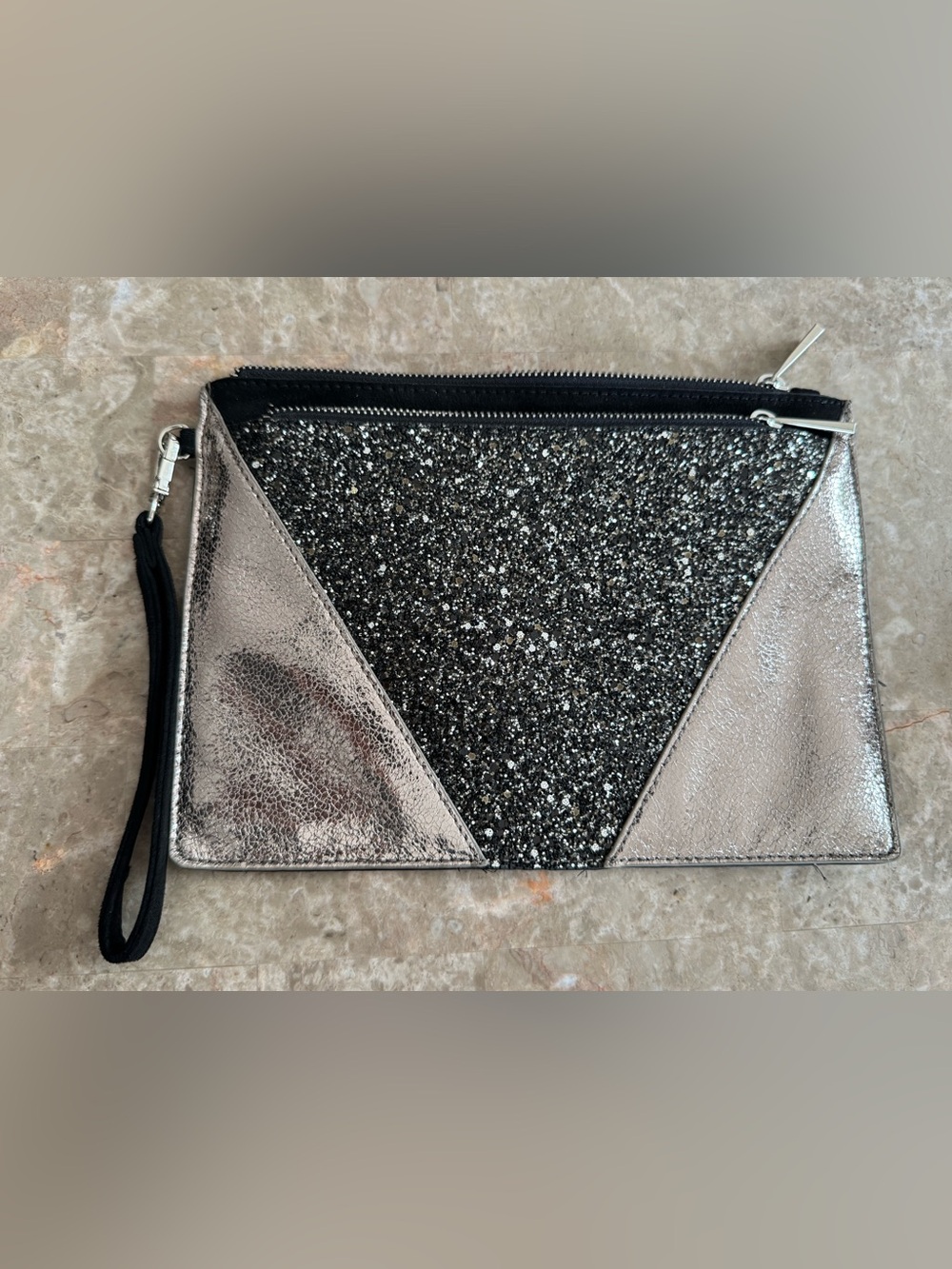 Express Clutch Bag Metallic Silver and Black Glitter fancy formal